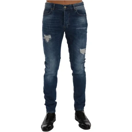 Blaue Distressed Slim Fit Jeans , Herren, Größe: W34 - Frankie Morello - Modalova