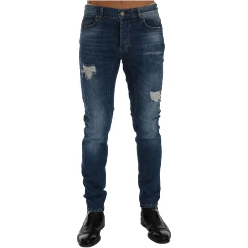 Blaue Distressed Slim Fit Jeans , Herren, Größe: W38 - Frankie Morello - Modalova