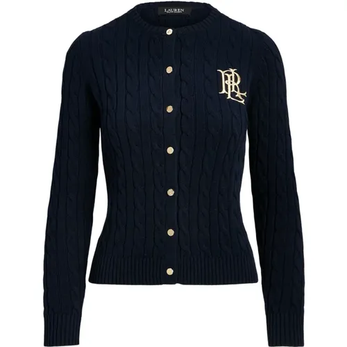 Cardigans, female, , Size: S Navy Cable Knit Cardigan Silver Buttons - Ralph Lauren - Modalova