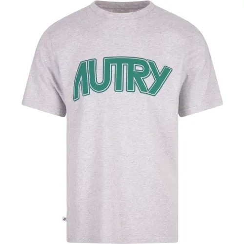 T-Shirts, male, , Size: M Grey Melange T-shirt with Green Logo - Autry - Modalova