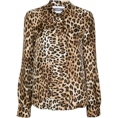 Leopard Print Bow Collar Top , female, Sizes: S - Moschino - Modalova