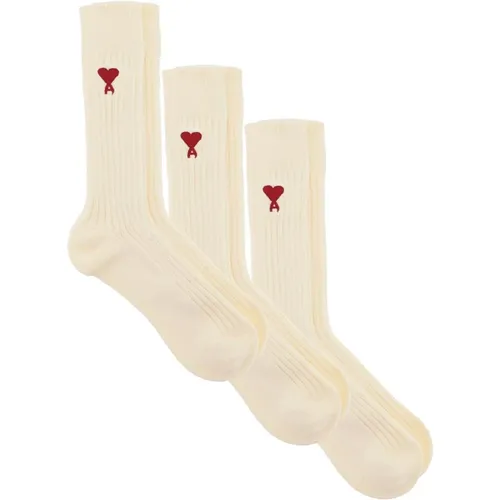 Bestickte Logo Rippstrick Baumwollsocken Tri-Pack , Herren, Größe: S - Ami Paris - Modalova