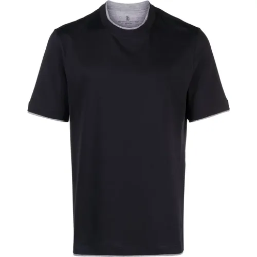 Blaues T-Shirt mit grauem Rand von - BRUNELLO CUCINELLI - Modalova