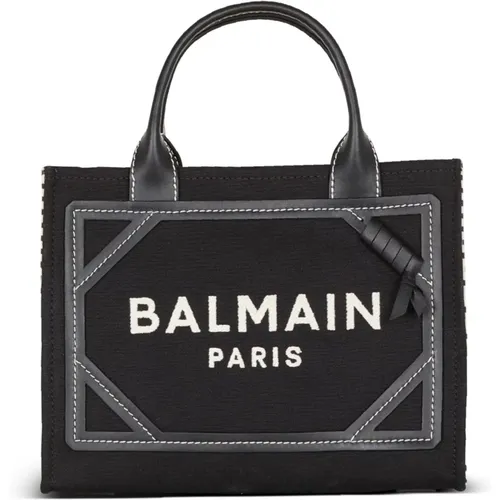 B-Army monogrammierte Leinwand- und Glattleder-Tote-Tasche,Schwarze Monogramm Canvas Shopper Tasche - Balmain - Modalova