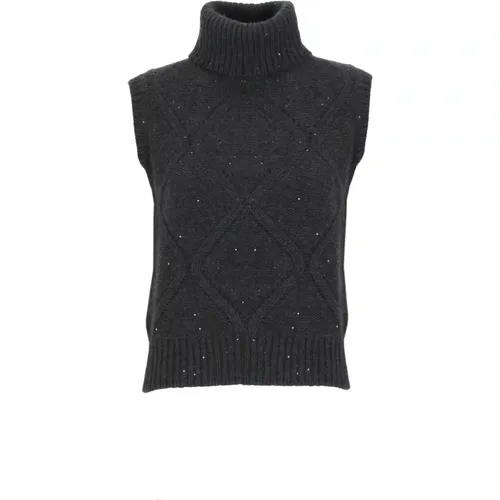 Turtlenecks, female, , Size: S Dark Grey Sleeveless Wool Sweater with Paillettes - Fabiana Filippi - Modalova