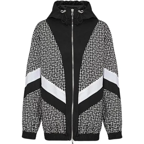 Zip-throughs, male, , Size: S Ivory Nylon Jacket with Zipper and Hood - Balmain - Modalova