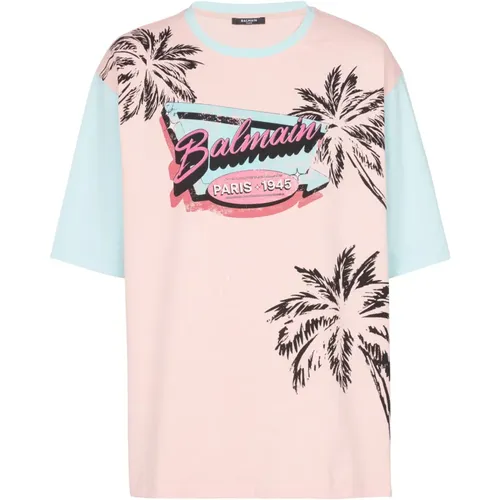 T-Shirts, male, , Size: M Loose Miami printed T-shirt - Balmain - Modalova