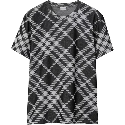 Check Jacquard Gestrickte Schwarze T-shirts , Herren, Größe: L - Burberry - Modalova