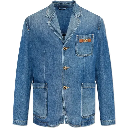 Denim Jackets, male, , Size: M Denim blazer with logo appliqué - Versace - Modalova