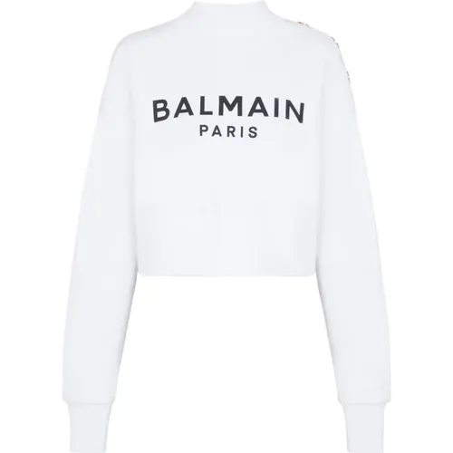 Cotton cropped sweatshirt with logo print , female, Sizes: L - Balmain - Modalova