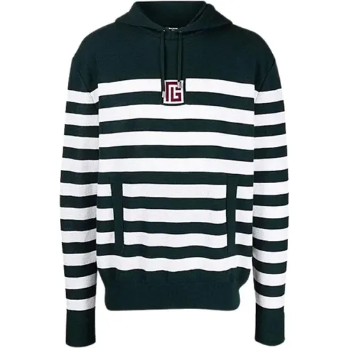 Hoodies, male, , Size: M Wool Logo Sweatshirt Horizontal Stripes Hooded - Balmain - Modalova