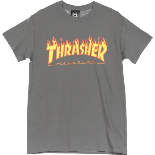 T-Shirts, male, , Size: 2XL Flame Tee Mens T-Shirt Charcoal Grey/yellow - Thrasher - Modalova