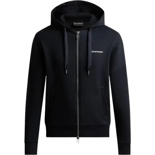 Zip-throughs, male, , Size: L Navy Blue Double Jersey Hooded Sweatshirt - Emporio Armani - Modalova