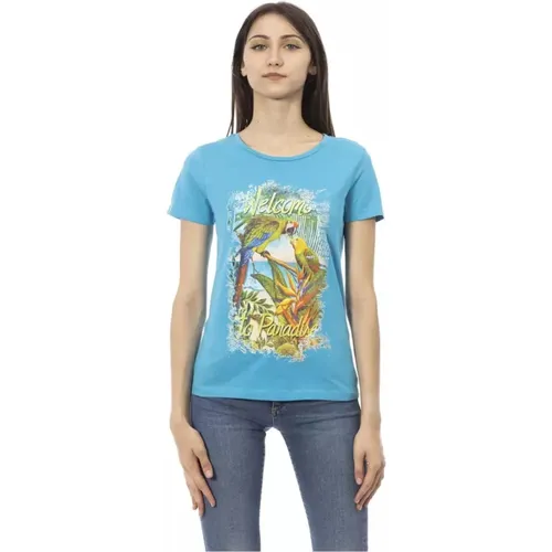 Hellblaues Baumwoll-T-Shirt mit Kurzen Ärmeln , Damen, Größe: M - Trussardi - Modalova