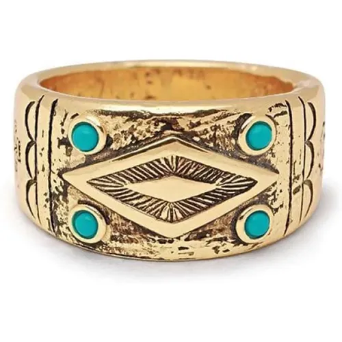 Engraved Vintage Gold Ring with Turquoise , male, Sizes: 62 MM, 58 MM - Nialaya - Modalova