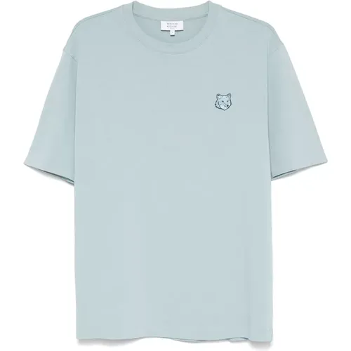 Fuchs Head-Patch T-Shirt in Hellblau , Herren, Größe: M - Maison Kitsuné - Modalova