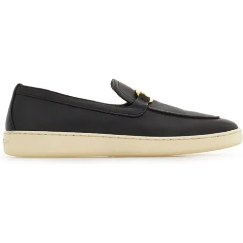 Schwarze flache Slip-On-Schuhe mit goldfarbenem Logo - Salvatore Ferragamo - Modalova