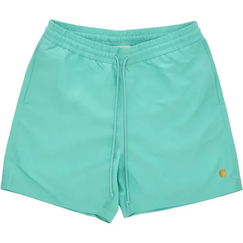 Beachwear, male, , Size: S Aqua Green/Gold Swim Trunks with Mesh - Carhartt WIP - Modalova