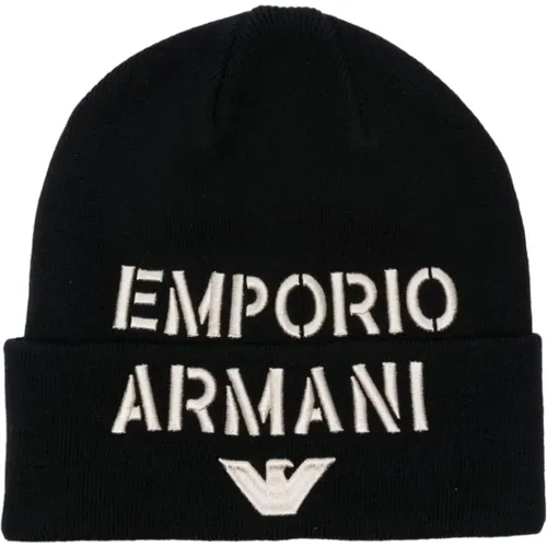 Blaue Rippstrick-Beanie mit Logo-Stickerei , Herren, Größe: L - Emporio Armani - Modalova