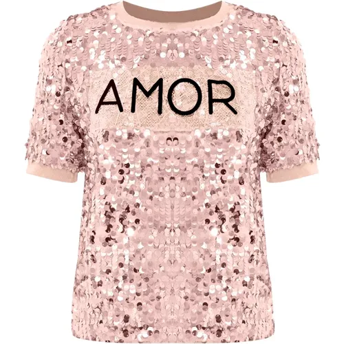 T-Shirts, female, , Size: L Sequin embroidered t-shirt with print - Kocca - Modalova