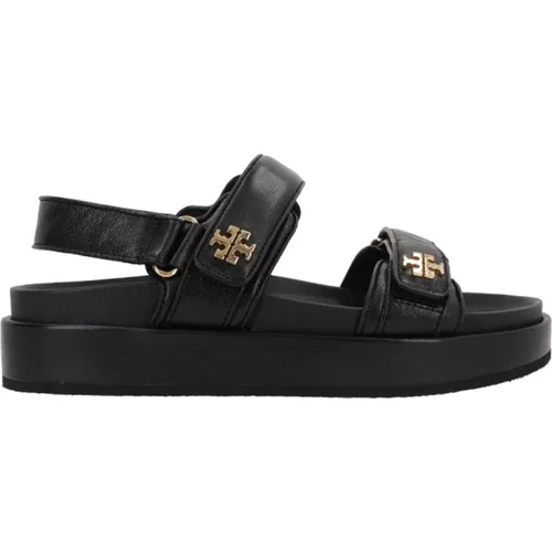 Schwarze flache Ledersandalen mit Doppel-T-Logo , Damen, Größe: 37 1/2 EU - TORY BURCH - Modalova