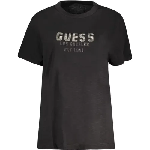 Schwarzes Baumwoll-T-Shirt mit Kurzen Ärmeln und Applikationen , Damen, Größe: M - Guess - Modalova