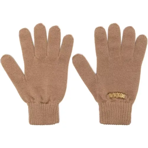 Gloves, male, , Size: ONE SIZE Fine Knit Beige Hat with Gold Logo - Moschino - Modalova