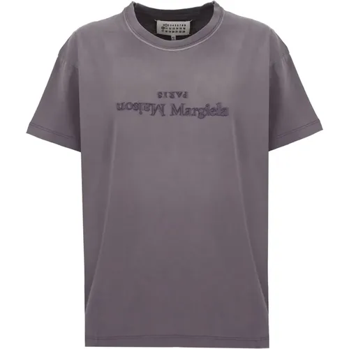 Lilac Cotton T-shirt with Embroidered Logo , female, Sizes: M, XS, S - Maison Margiela - Modalova