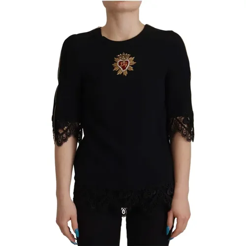 Cady Lace Trim Bead Embellished Logo Blouse , female, Sizes: 2XS - Dolce & Gabbana - Modalova