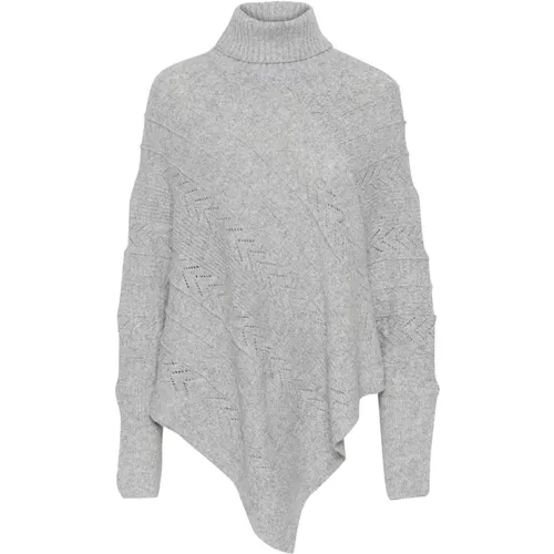 Turtlenecks, female, , Size: ONE SIZE Light Grey Melange Turtleneck Poncho Knit - Cream - Modalova