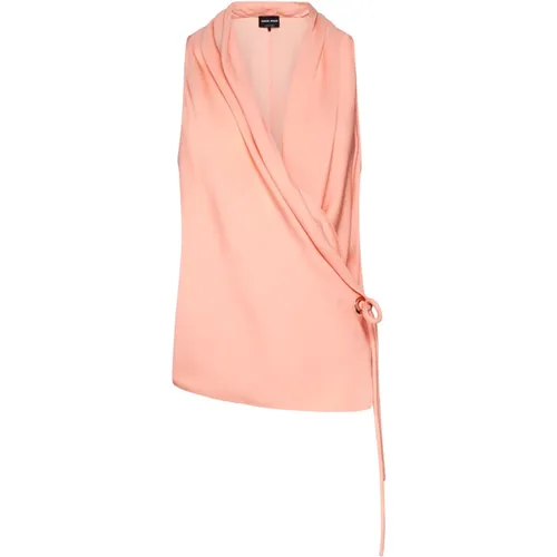 Coral Pink Silk V-Neck Top , female, Sizes: S - Giorgio Armani - Modalova