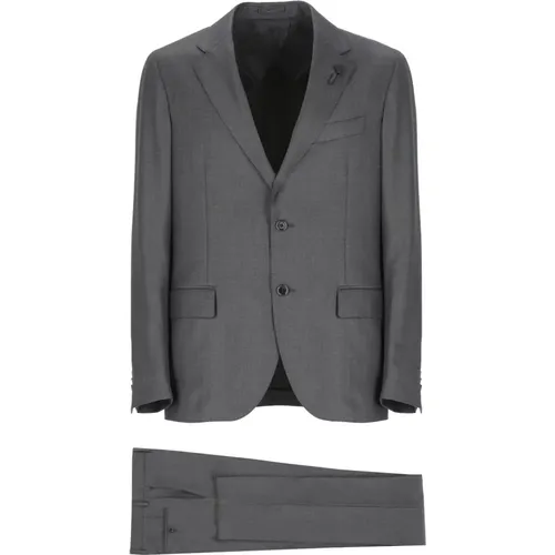 Single Breasted Suits, male, , Size: L Grey Wool Suit with Iconic Pin - Lardini - Modalova