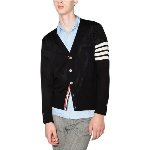 Cardigans, male, , Size: L Navy V-Neck Cardigan in Merino Wool - Thom Browne - Modalova