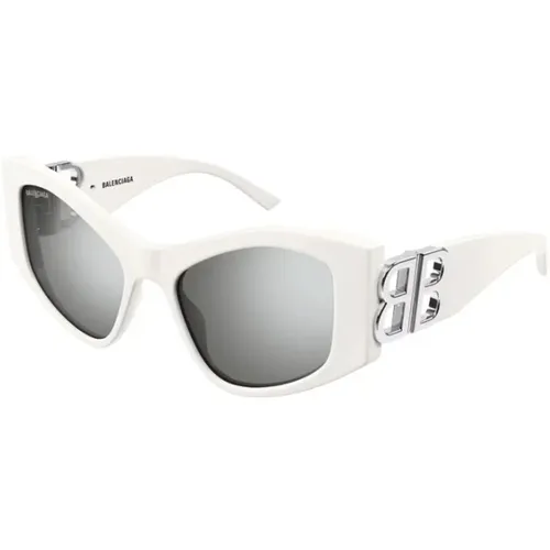 Weiße Rahmen Silberne Linse Sonnenbrille , Damen, Größe: 55 MM - Balenciaga - Modalova