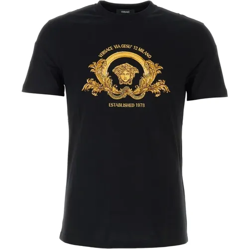 Lässiges Baumwoll-T-Shirt,Schwarzes T-Shirt mit besticktem Medusa-Emblem - Versace - Modalova