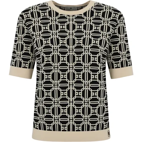 Kurzarm Jacquard Top mit Logo-Print , Damen, Größe: XL - Elisabetta Franchi - Modalova