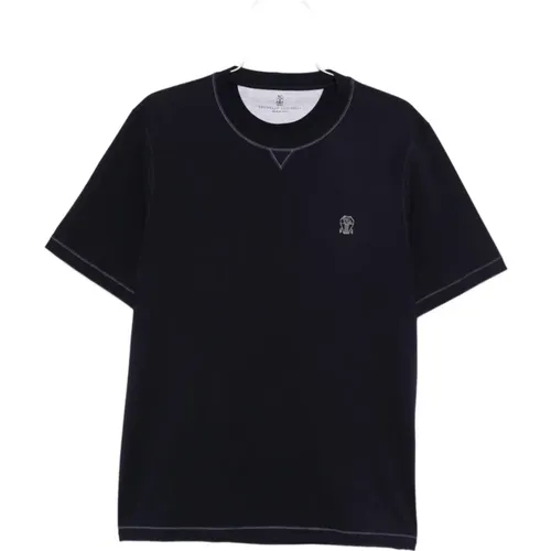 T-Shirts, male, , Size: S Navy Embroidered Crewneck T-shirt - BRUNELLO CUCINELLI - Modalova