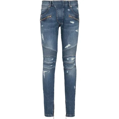 Vintage Wash Biker Denim Jeans - Balmain - Modalova