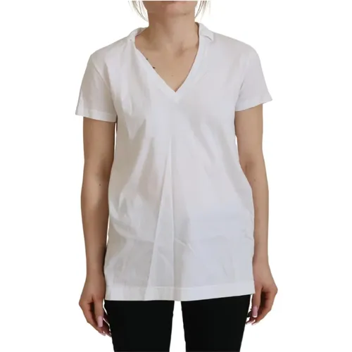 Weiße Baumwoll-Top-Bluse mit V-Ausschnitt , Damen, Größe: S - Dolce & Gabbana - Modalova