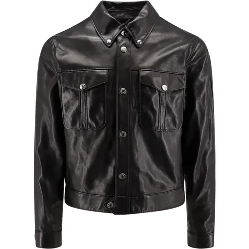 Leather Jacket Button-Down Collar , male, Sizes: L, XL - Versace - Modalova