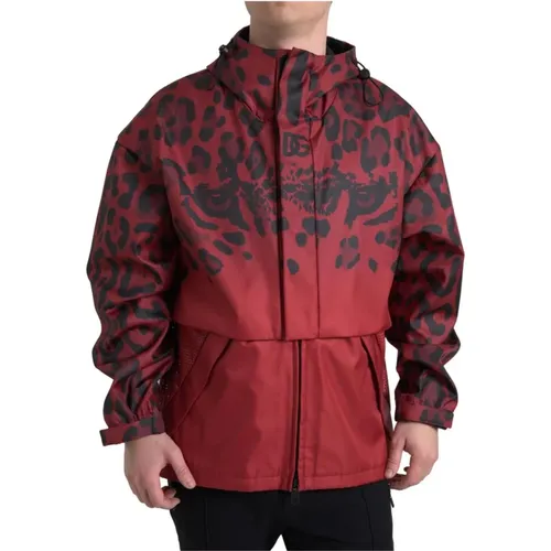 Light Jackets, male, , Size: 2XL Red Leopard Print Hooded Rain Jacket - Dolce & Gabbana - Modalova