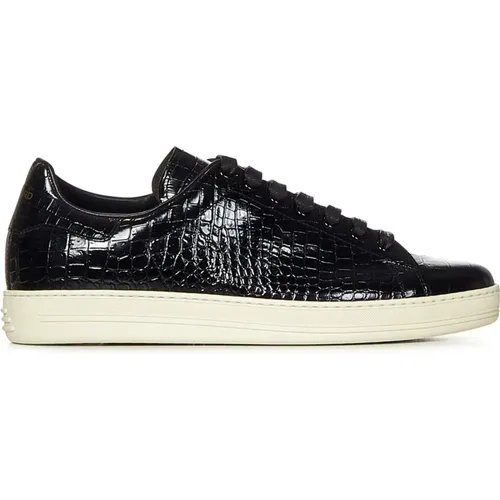 Schwarze Ledersneakers mit Goldenem Logo - Tom Ford - Modalova