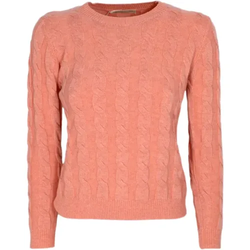 Rosa Lachs Cashmere und Wolle Geflochtener Rundhalsausschnitt Pullover , Damen, Größe: XL - CASHMERE COMPANY - Modalova