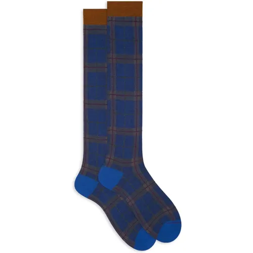 Lange hellblaue Socken für Herren mit Tartanmuster , Herren, Größe: M - Gallo - Modalova