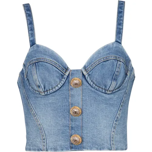 Denim top with thin straps , female, Sizes: M - Balmain - Modalova