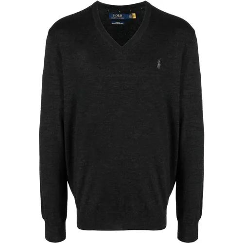 V-neck Knitwear, male, , Size: L Dark Granite Pullover Sweater - Ralph Lauren - Modalova