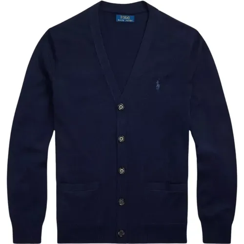 Cardigans, male, , Size: L Navy cardigan with logo Slim Fit - Ralph Lauren - Modalova