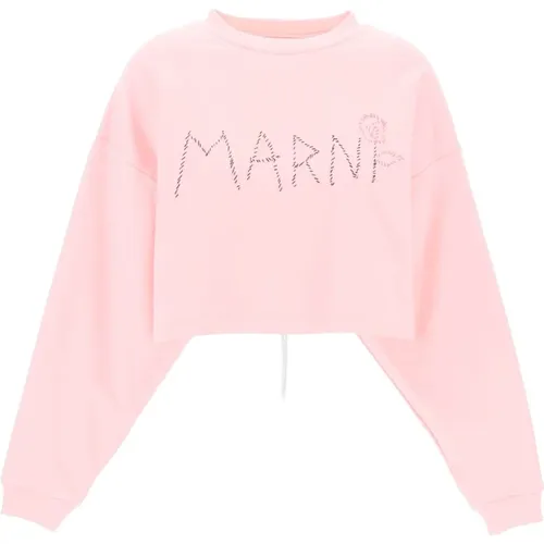 Boxy Logo Sweatshirt with Flower Embroidery , female, Sizes: S, 2XS - Marni - Modalova