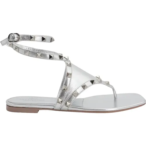 Silver Leather Sandals with Adjustable Ankle Strap , female, Sizes: 8 UK - Valentino Garavani - Modalova