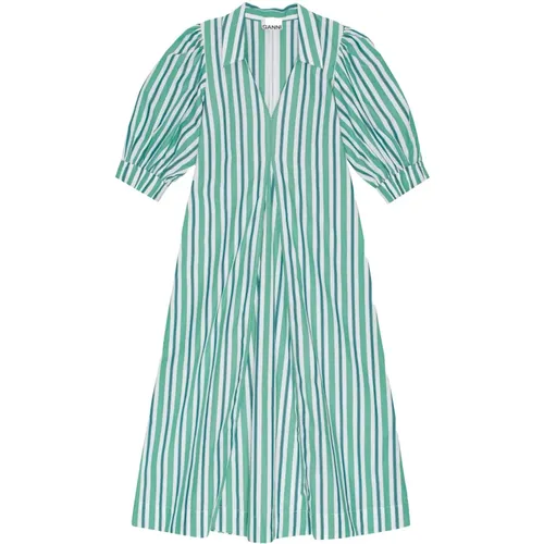 Striped Green Dress with Puff Sleeves , female, Sizes: XS - Ganni - Modalova